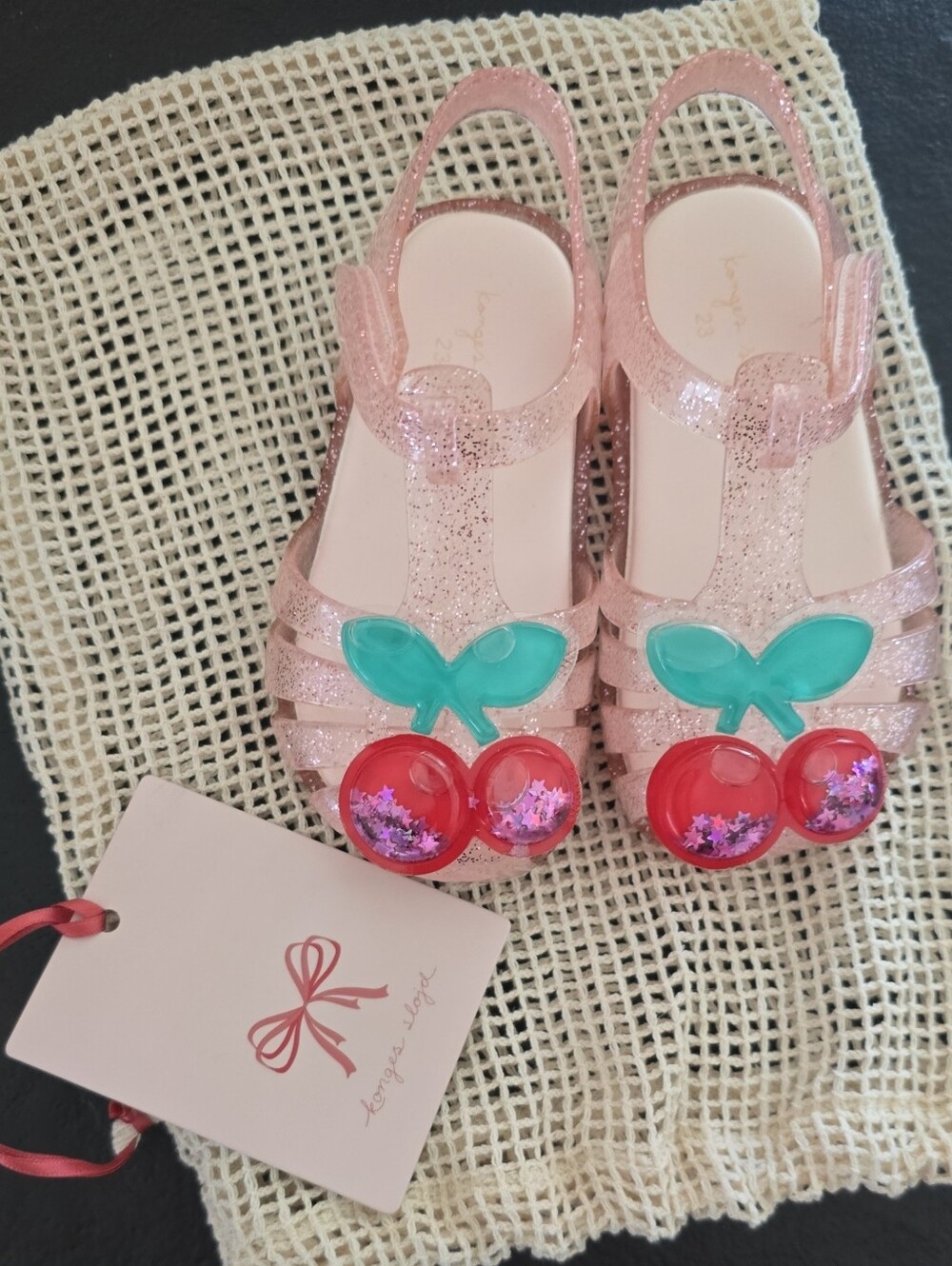 Girls Pink Glitter Jelly Sandals with Cherry Accent